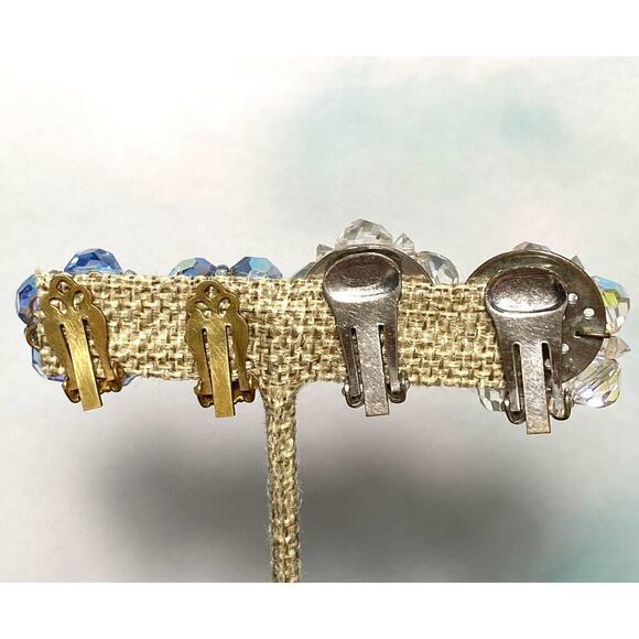 Vintage Clip Ons Clips Earrings Beaded Two Pairs Lot AB Crystals - Picture 4 of 16